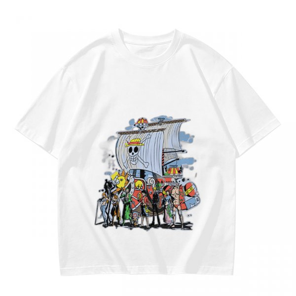Olive T-Shirt with One Piece Straw Hat Pirates Crew and Ship Print