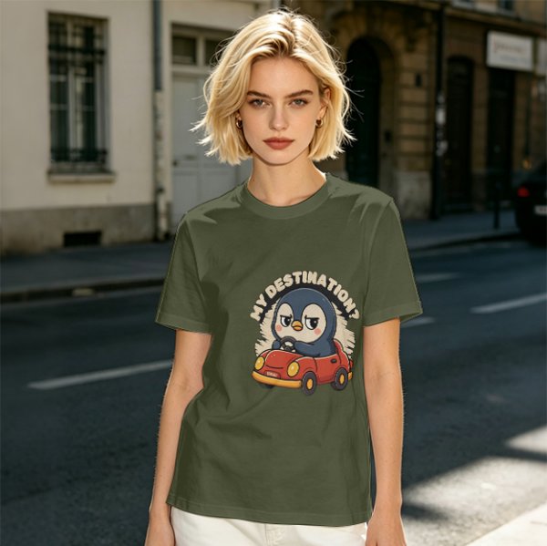 Olive T-Shirt With Cartoon Penguin Driving Car 'My Destination?' Print