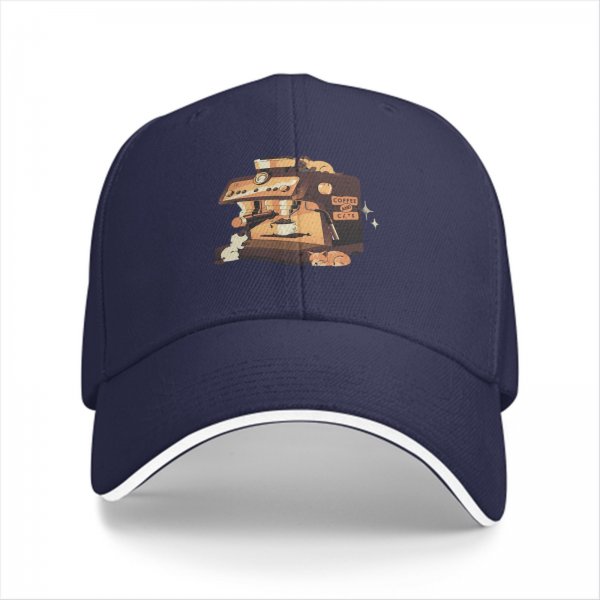 Black baseball cap with espresso machine and hamster graphic