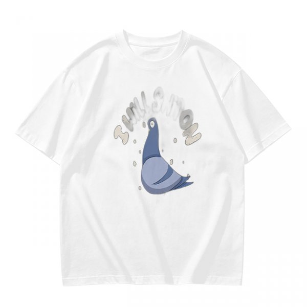 Olive green graphic t-shirt with cartoon pigeon print