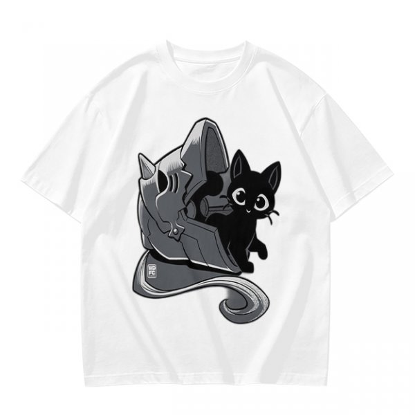 Olive Green T-Shirt With Black Cat Peeking From Knight Helmet Art