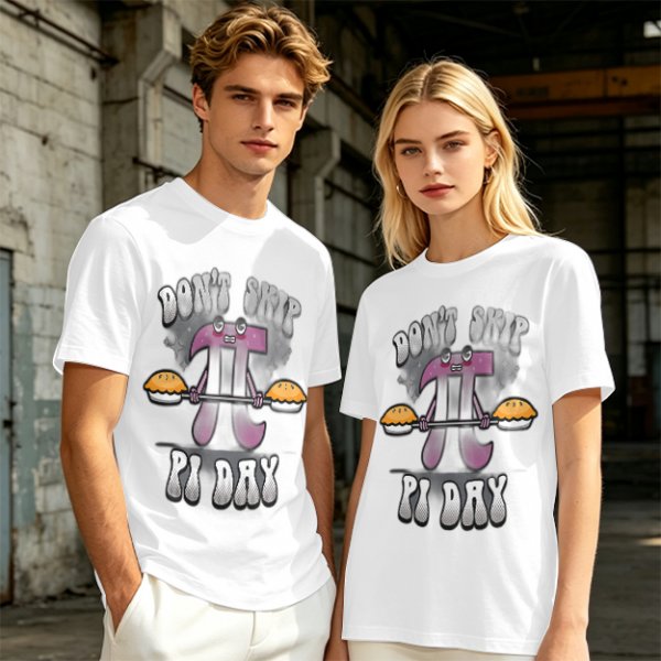 Don't Skip Pi Day T-Shirt with Lifting Pi Character Holding Pies