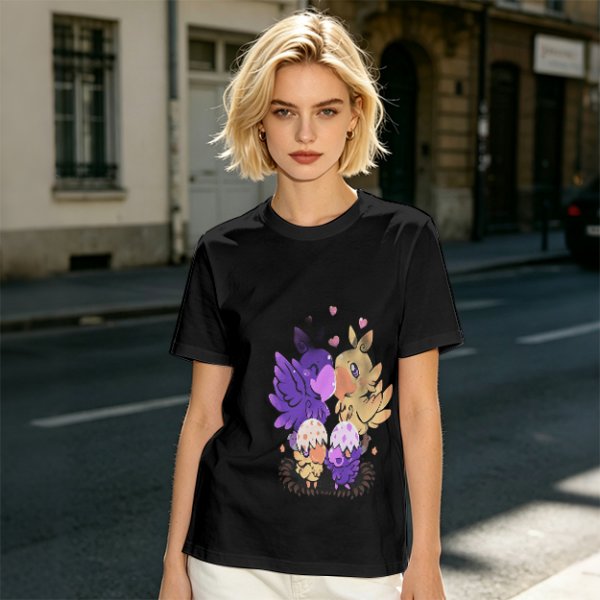 Olive T-Shirt With Cute Fantasy Bird Family Print