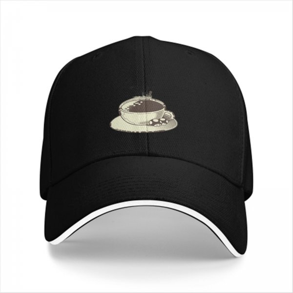 Black Baseball Cap With Coffee Cup And Cookies Graphic