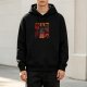 Black hoodie with horror themed graphic print of characters and text