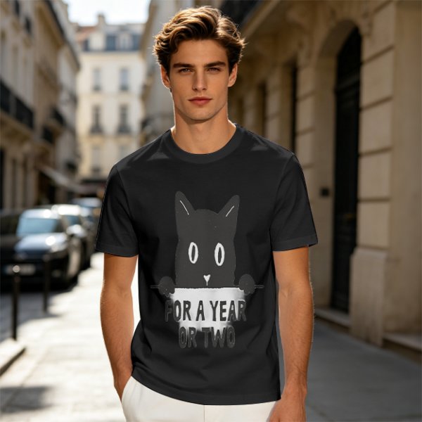 Olive graphic t-shirt with black cat holding 'for a year or two' text