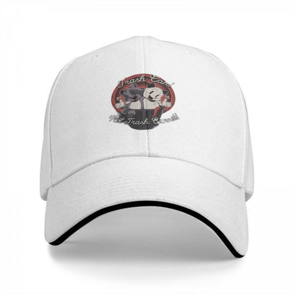 Black baseball cap with retro raccoon and cat trash can graphic