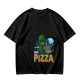 Olive Green T-Shirt with Alien Eating Pizza UFO Graphic