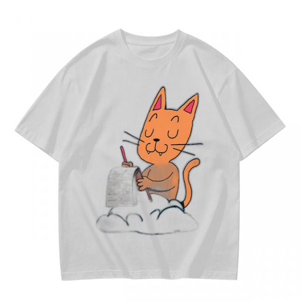 Olive T-Shirt with Cartoon Cat at Grave Print