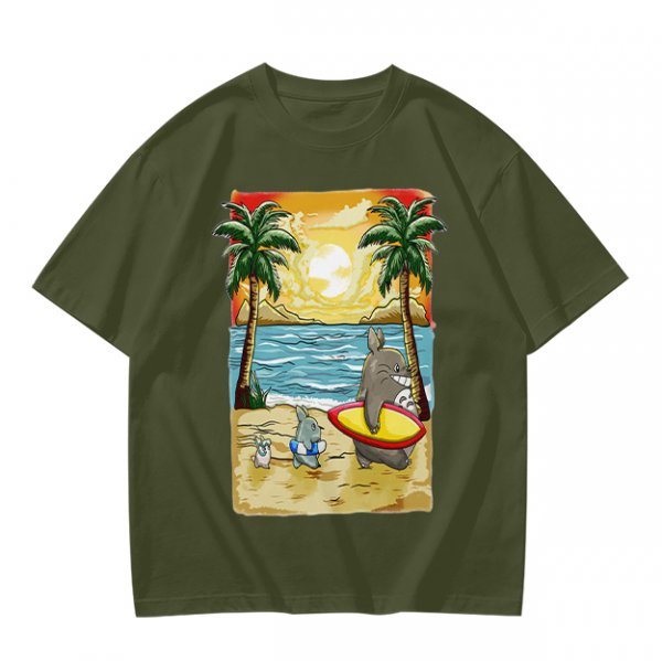 Olive T-Shirt with Beach Scene Print Featuring Totoro and Friends