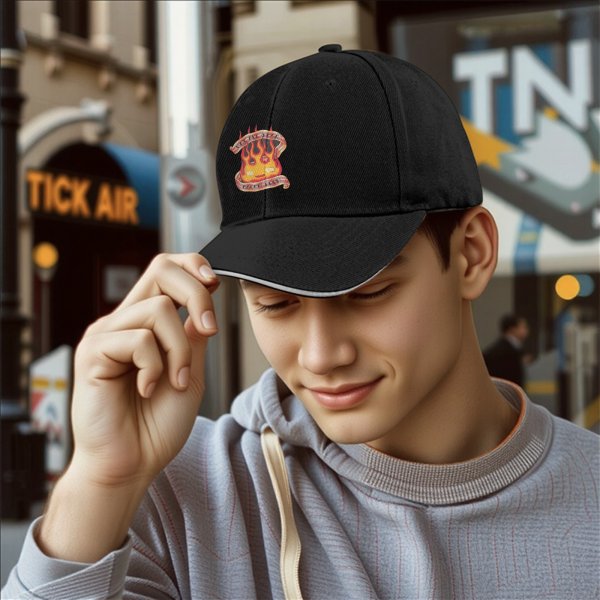 Black baseball cap with flame and banner graphic design