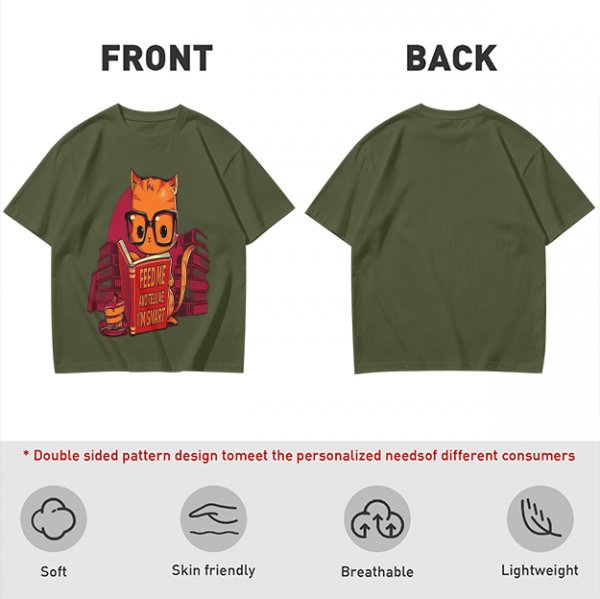 Olive T-Shirt With Nerdy Ginger Cat Reading Book Print