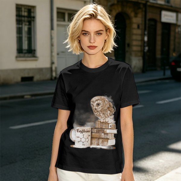 Owl on coffee books and caffeine mug graphic t-shirt