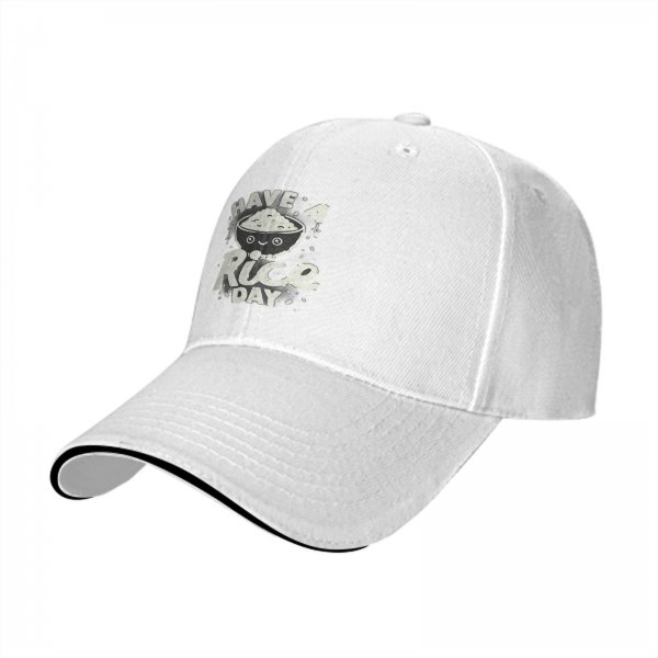 Black baseball cap with 'Have A Rice Day' kawaii rice bowl graphic