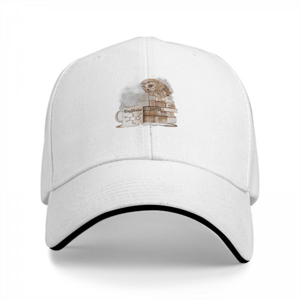 Black baseball cap with owl coffee and books graphic