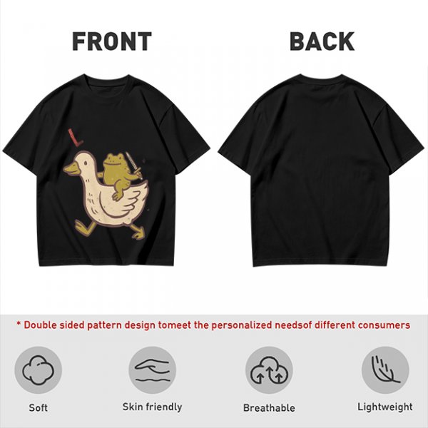 Olive T-Shirt Featuring Frog Riding Duck Holding Knife
