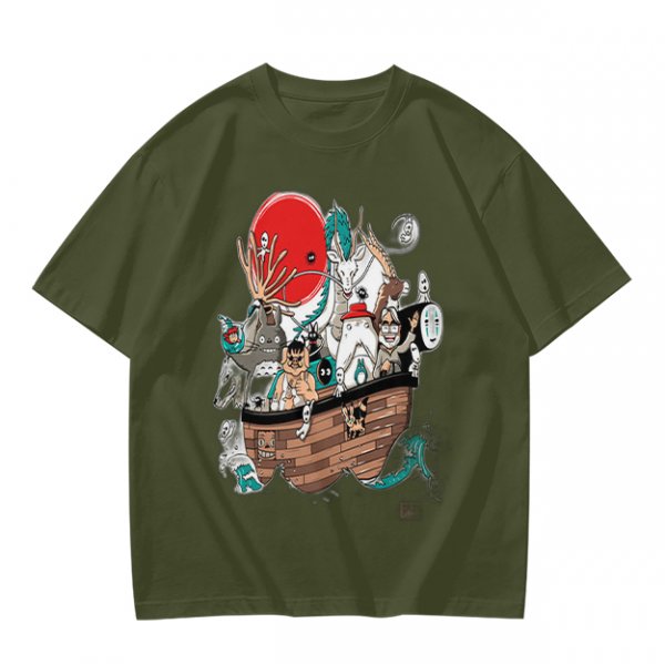 Studio Ghibli Characters Boat Graphic Olive T-Shirt