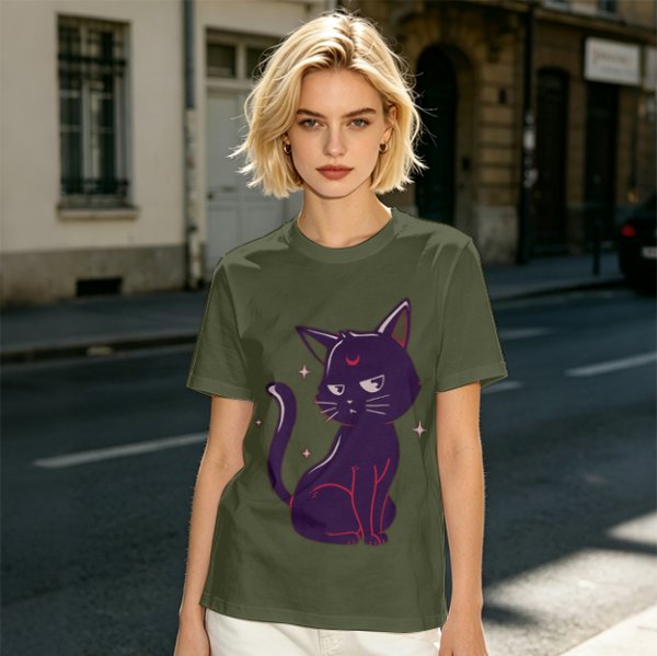Olive T-Shirt with Sassy Black Cat and Crescent Moon Graphic