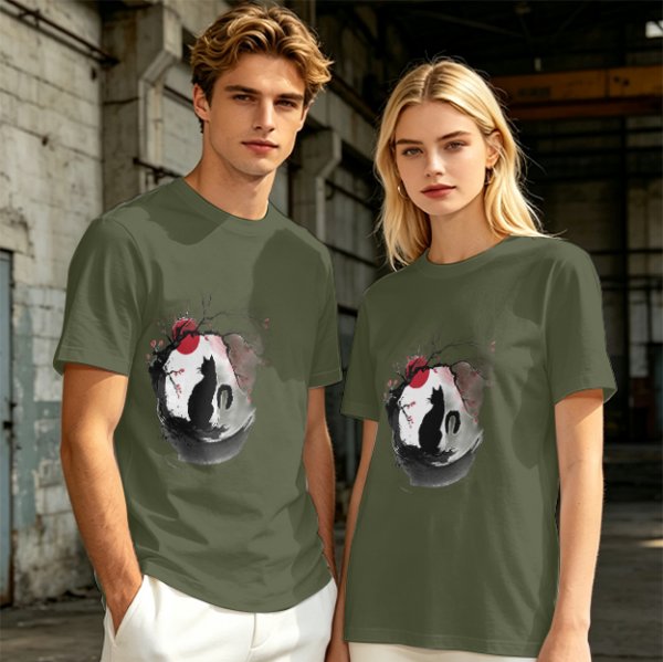 Olive T-Shirt with Japanese Style Cat and Red Sun Art Print