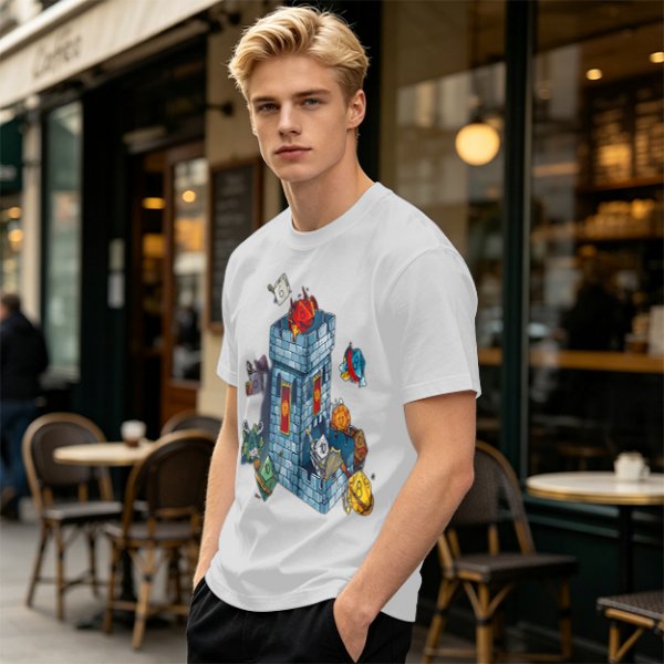 Olive T-Shirt With Fantasy Dice Castle Graphic Design