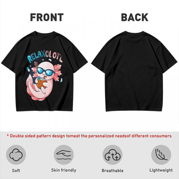 Olive t-shirt with a relaxed axolotl wearing sunglasses holding a drink
