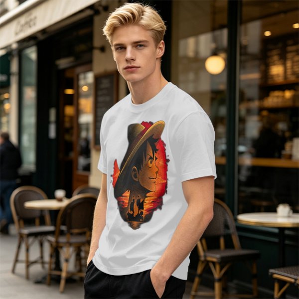 Olive T-Shirt Featuring Monkey D. Luffy Sunset Pirate Ship Art