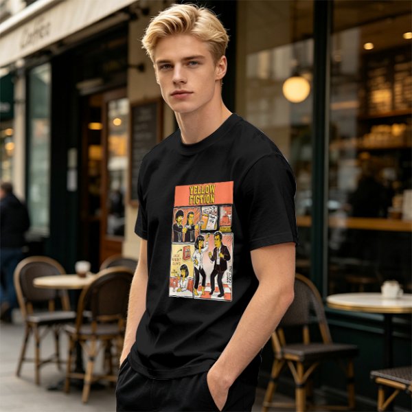 Olive green t-shirt with Yellow Fiction Simpson-style Pulp Fiction dance print