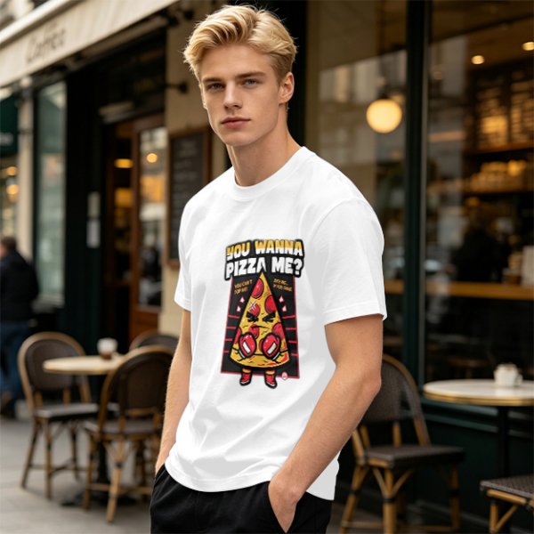 Olive t-shirt with angry boxing pizza slice graphic and 'You Wanna Pizza Me?' text