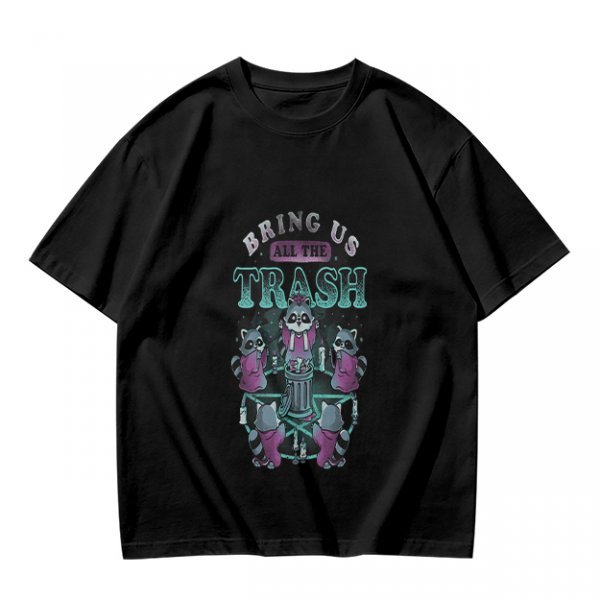 Olive graphic t-shirt with raccoons and 'Bring Us All The Trash' text