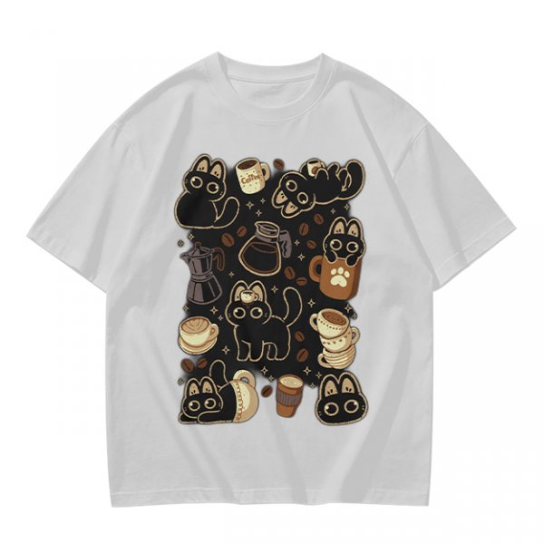 Olive T-Shirt With Cute Black Cats And Coffee Themed Print