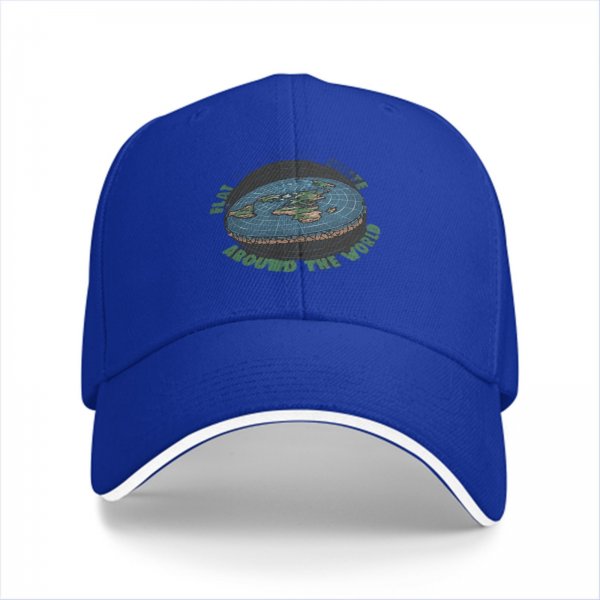 Black baseball cap with flat earth 'around the world' graphic print