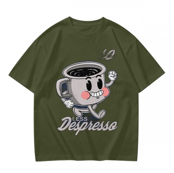 Olive green t-shirt with running espresso cup graphic and 'Less Despresso' text