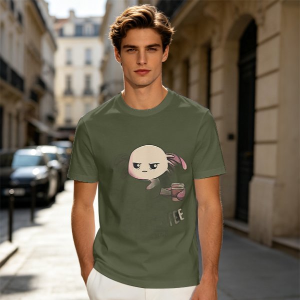 Olive T-shirt with Grumpy Axolotl Holding Coffee Print