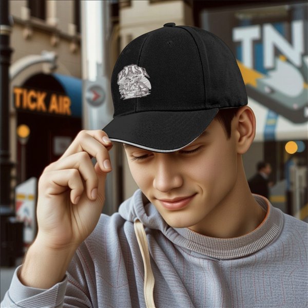 Black Baseball Cap With Raccoon Eating Graphic Print