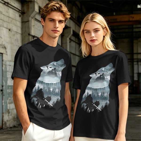 Olive T-Shirt With Howling Wolf Silhouette Winter Fantasy Art Print