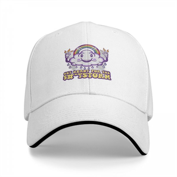 Black baseball cap with funny cloud rainbow storm graphic