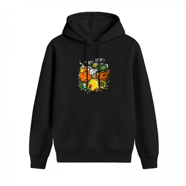 Black hoodie with lucky vibes cat and shamrock graphic
