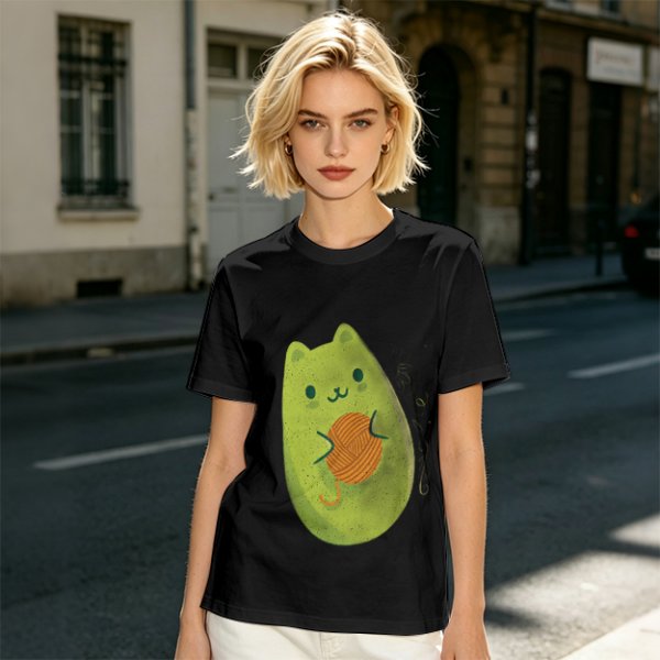 Olive Green T-Shirt With Cute Avocado Cat Holding Yarn Ball Print
