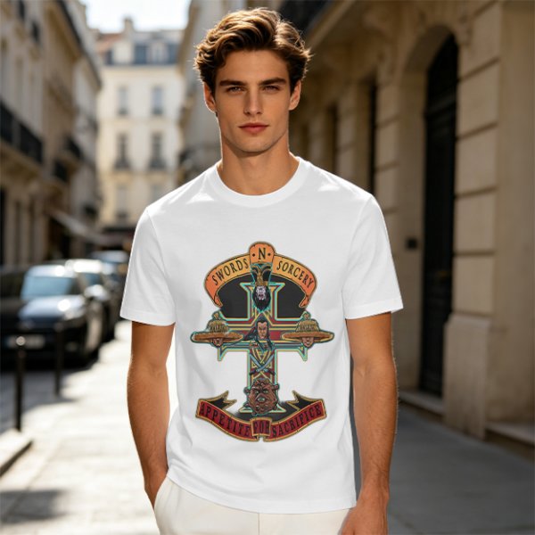 Olive graphic t-shirt with swords n sorcery appetite for sacrifice cross design