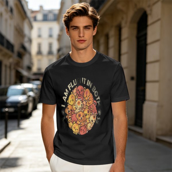 Olive t-shirt with cute puppy pile graphic and playful text