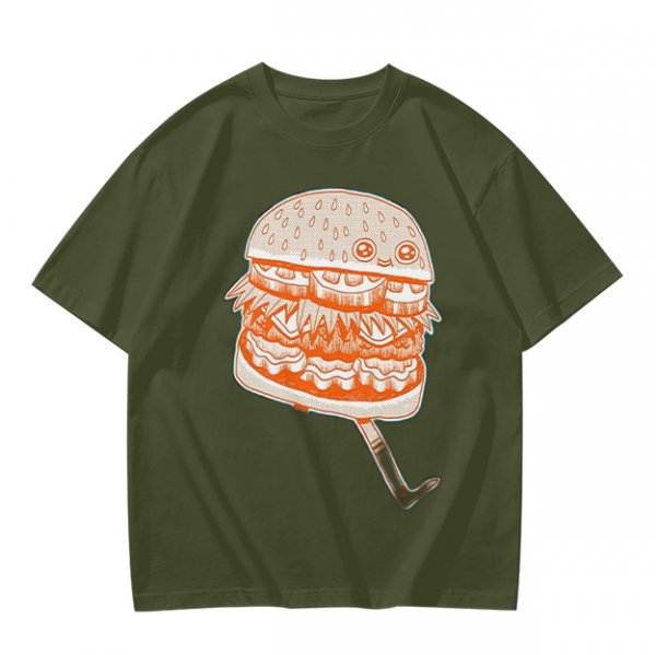 Olive T-Shirt With Cute Cartoon Hamburger Print