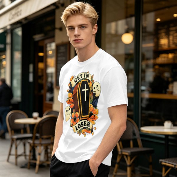 Olive Halloween T-Shirt with Get In Loser Coffin Ghost Floral Art