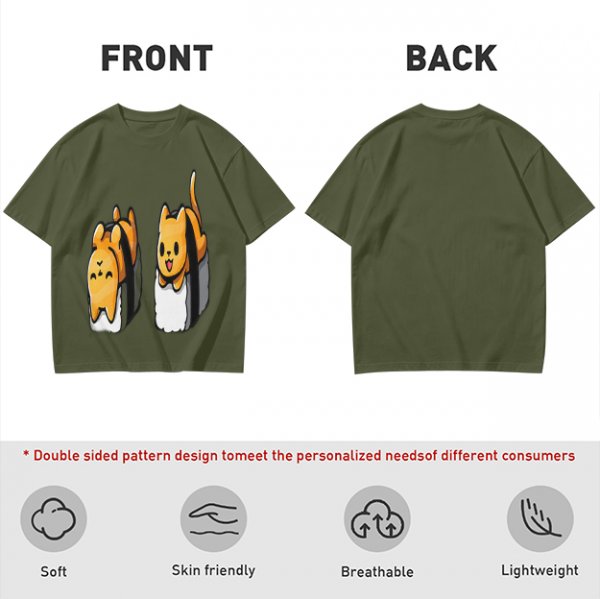 Olive T-shirt with cute sushi cat graphic print