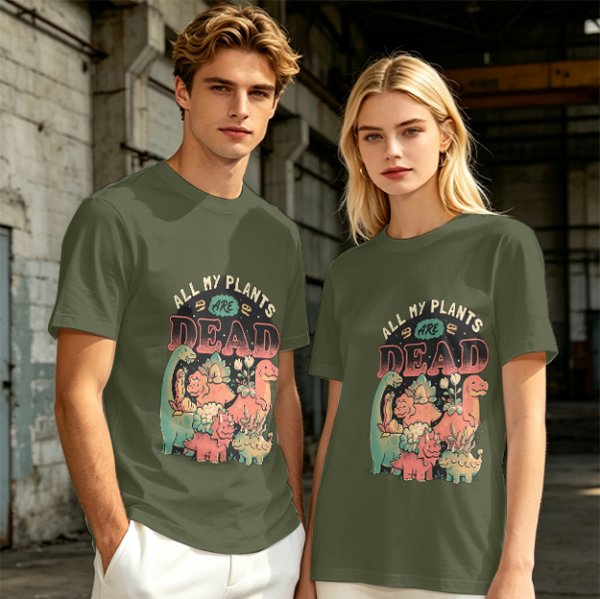 Olive graphic t-shirt with 'All My Plants Are Dead' dinosaur print