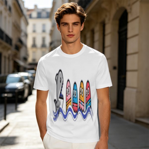 Olive T-Shirt With Shark And Colorful Ghost Creatures Print