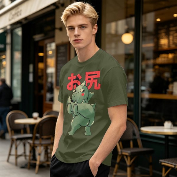 Olive T-Shirt With Cute Dinosaur Holding Its Own Butt Japanese Print