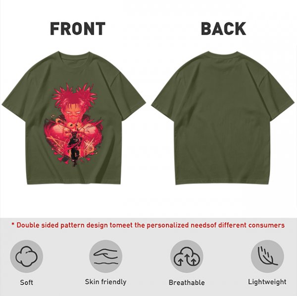 Olive Anime Graphic T-Shirt With Spiky Red Haired Character Art