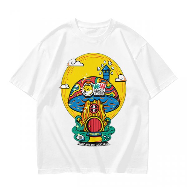 Olive T-Shirt with Trippy Mushroom House Graphic Design