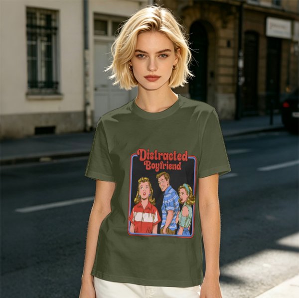 Olive T-Shirt with Distracted Boyfriend Meme Graphic Print