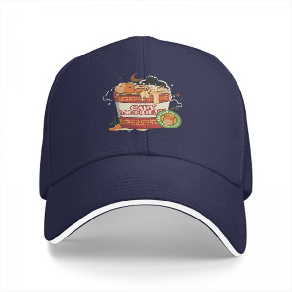Black baseball cap with capybara in ramen cup graphic